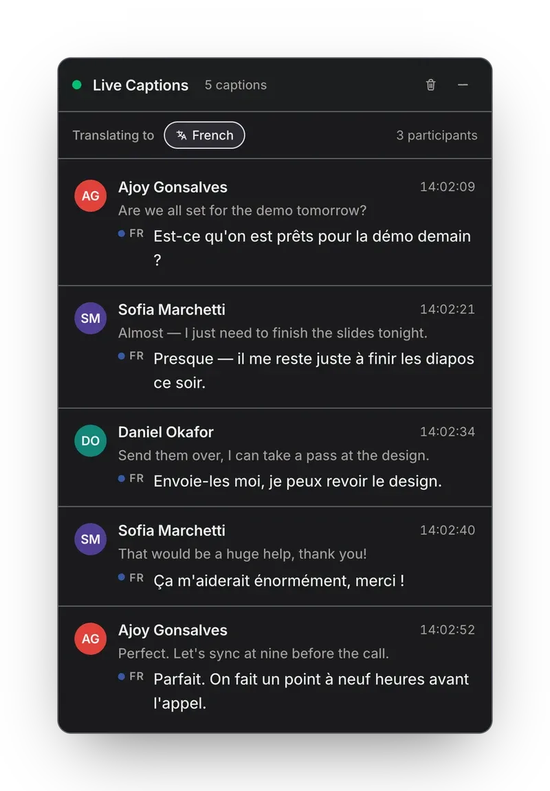 The shared captions feed: every participant's speech, transcribed and translated into French in real time
