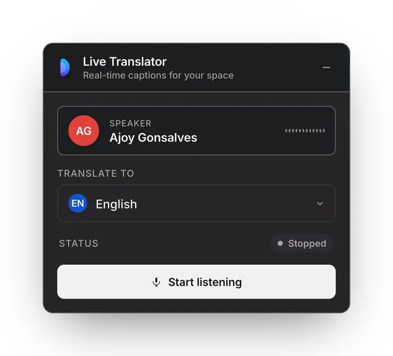 The control popup: pick a speaker and a target language, then start listening