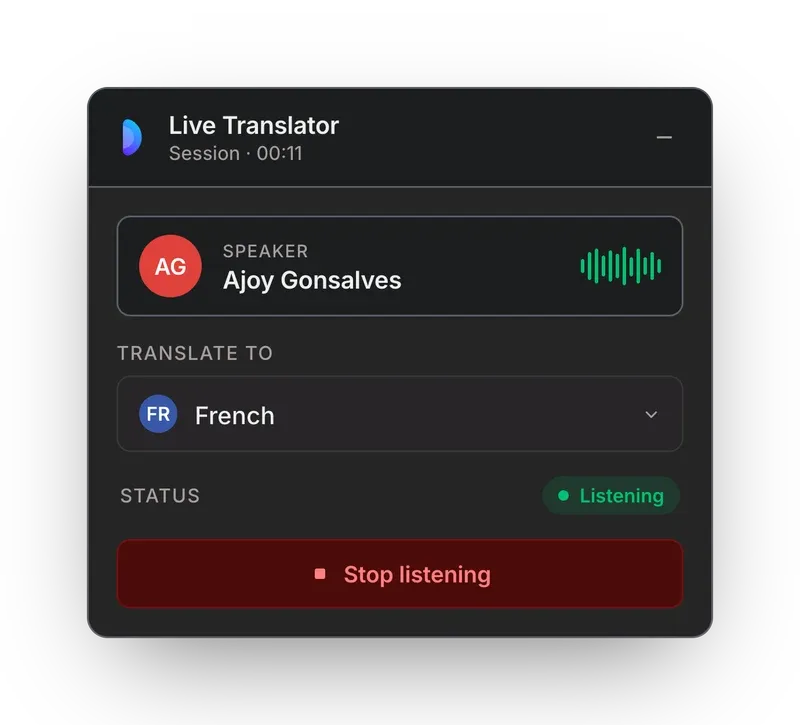 Listening: a live waveform, a running session timer, and a green status