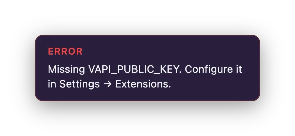 A missing-key error surfaced in the page, since config lives in extension settings